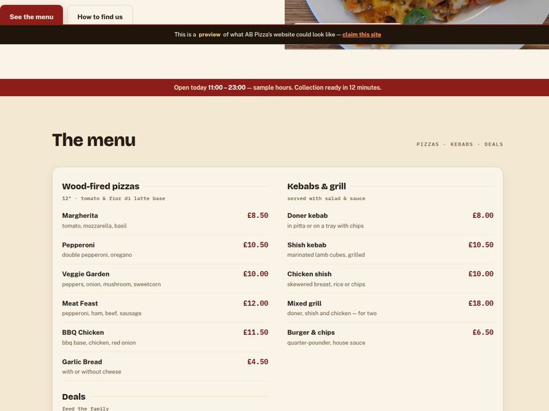 Captura de la página de la pizzería AB Pizza con menú y precios