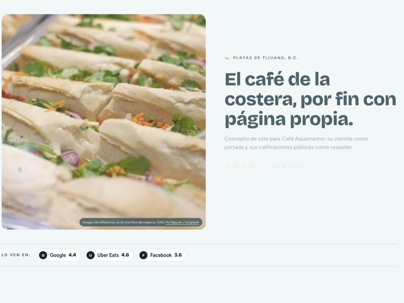 Página de cafetería: sándwich y café en primer plano, menú y ubicación