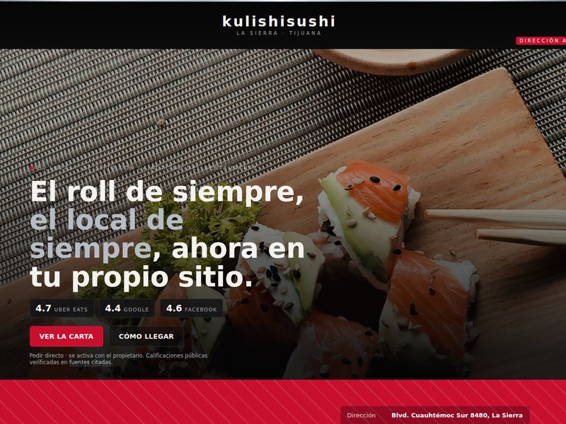 Página de sushi: rolls en tabla de madera, calificaciones verificadas y carta