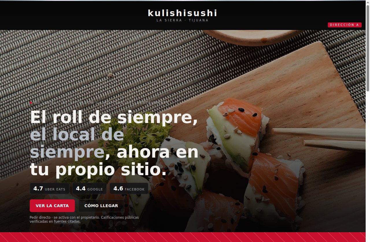 Página web de sushi hecha por Tuvitrina: foto grande de rolls, menú, calificaciones y botón de WhatsApp
