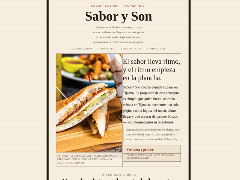 Página de cocina cubana: platillos en primer plano, música y menú