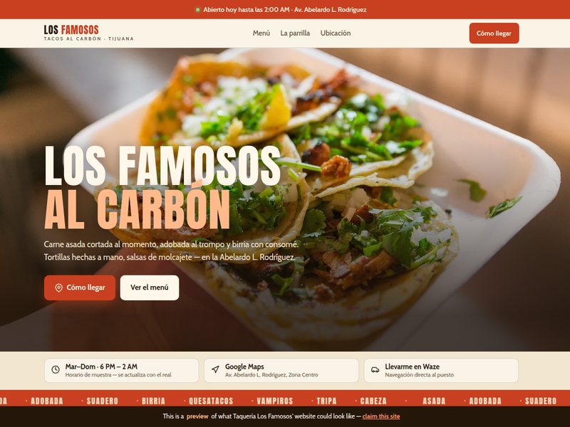Página de taquería: foto grande de tacos al pastor, menú con precios y botón de WhatsApp
